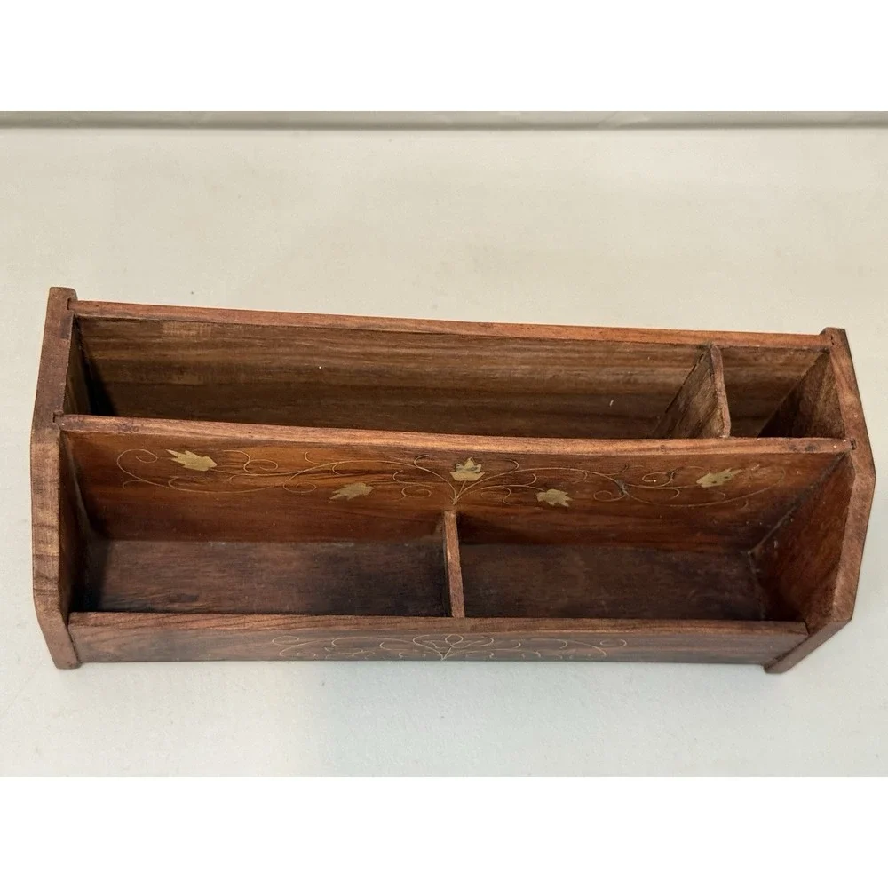 Vintage Wood Desk Organizer Brass Inlay Letter Holder Mail Sorter Paper Caddy